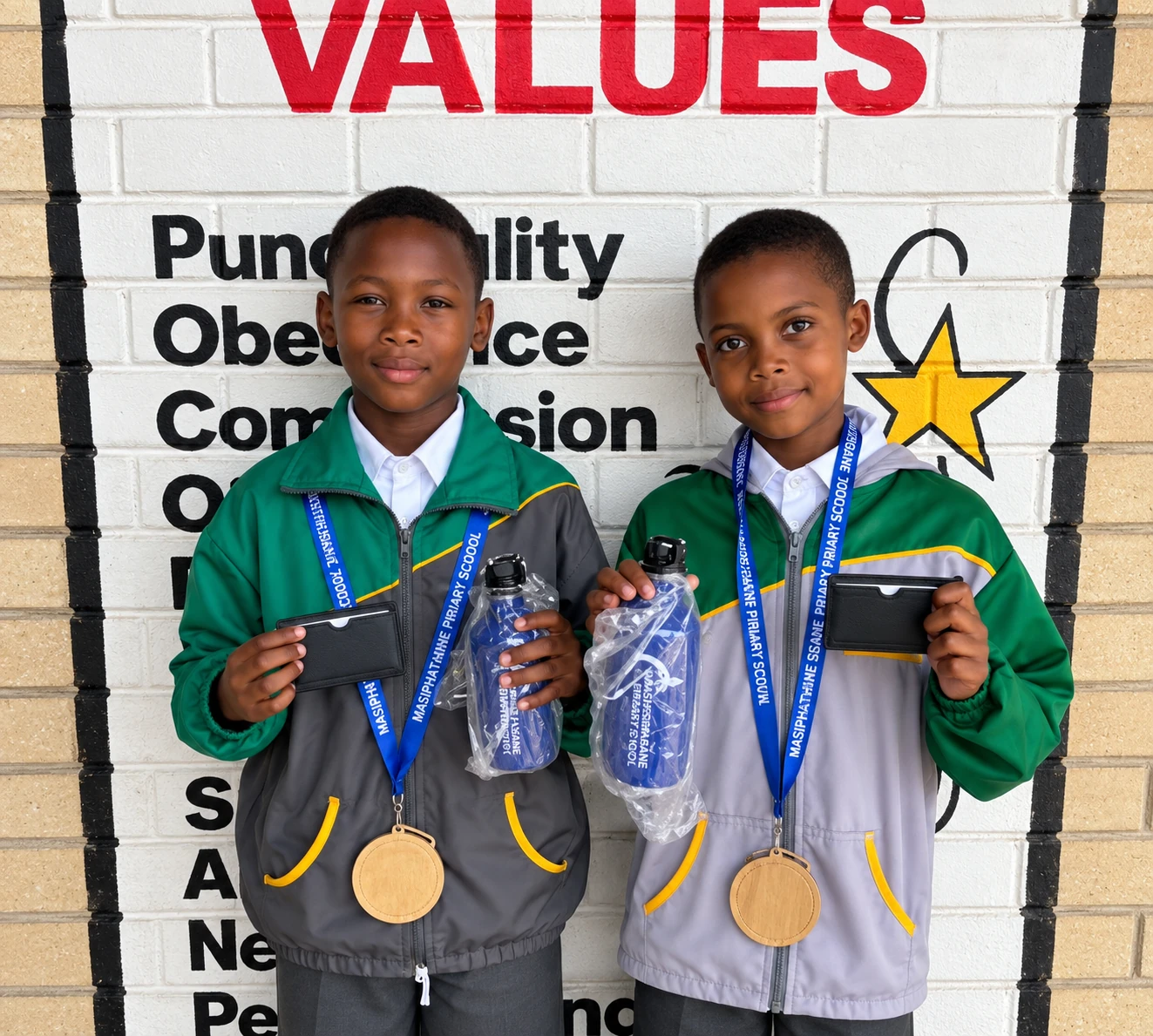 Two learners proudly showing their athletics medals