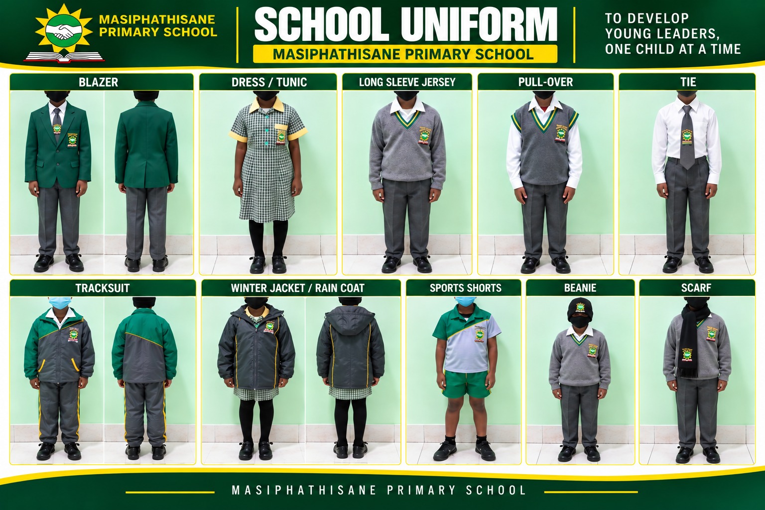 Masiphathisane Primary School uniform guide showing the blazer, dress, jerseys, tracksuit, rain coat, sports shorts, beanie and scarf